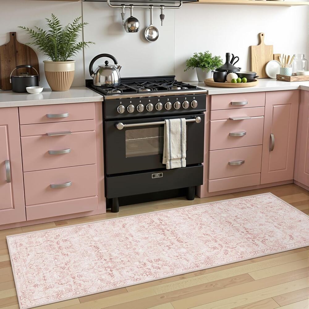 Pink 2x6 Runner Rug for Hallways Bed Side Kitchen, Boho Washable Distressed Low- - Picture 4 of 6